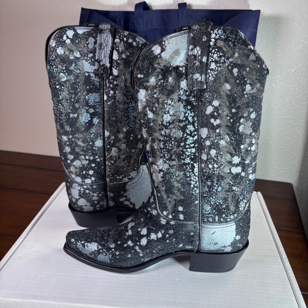Lucchese Western Boots Womens 8.5‎ Black Silver Blue Acid Wash New A129853 1883